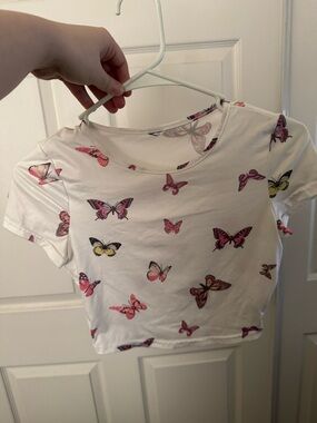 White Butterfly Print Crop Tee - Women Tops